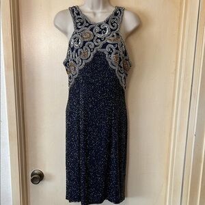 Vintage Laurence Kazar Navy and Silver Beaded Party Dress size M